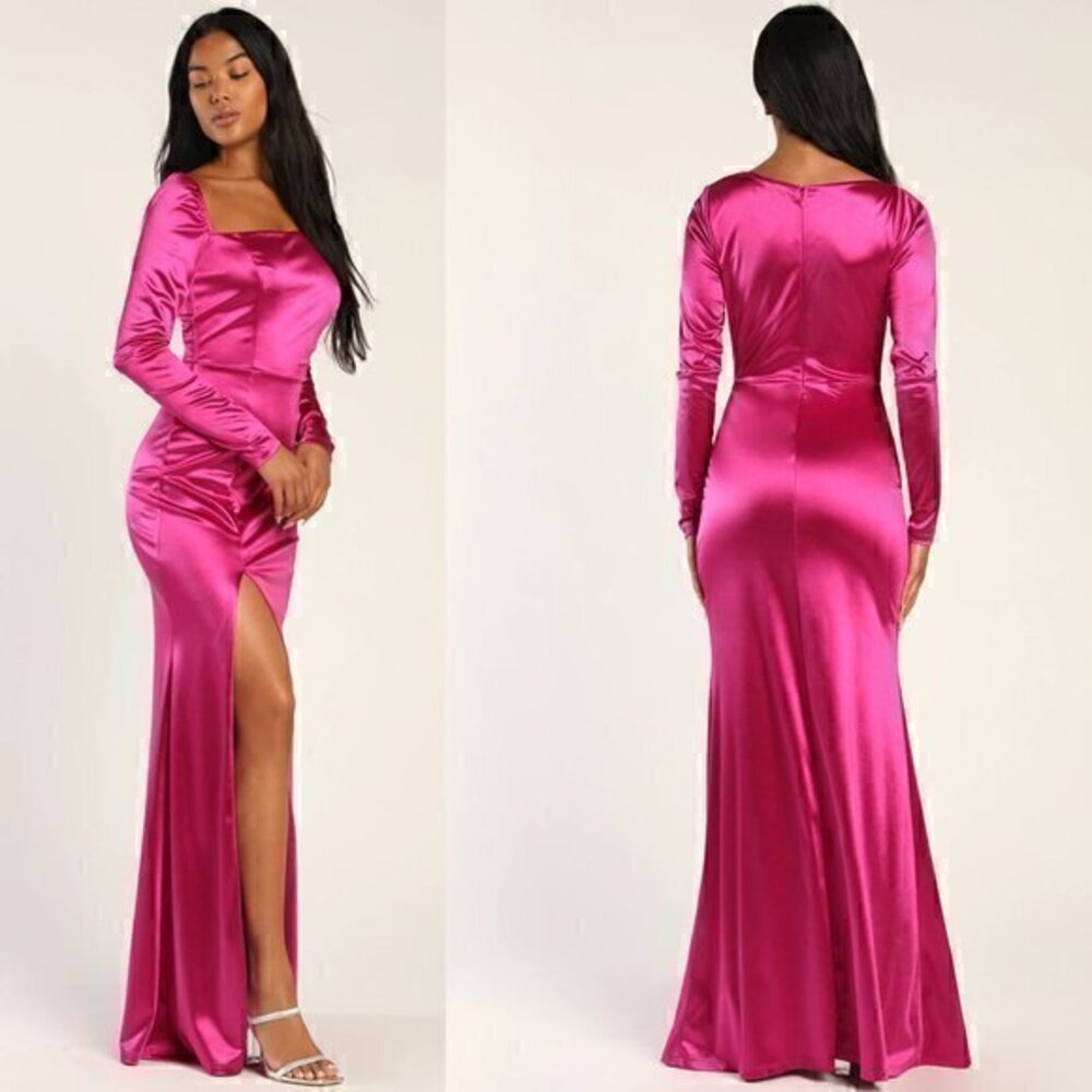Lulu's Off to the Ball Magenta Satin Long Sleeve Maxi Dress Size S NWT